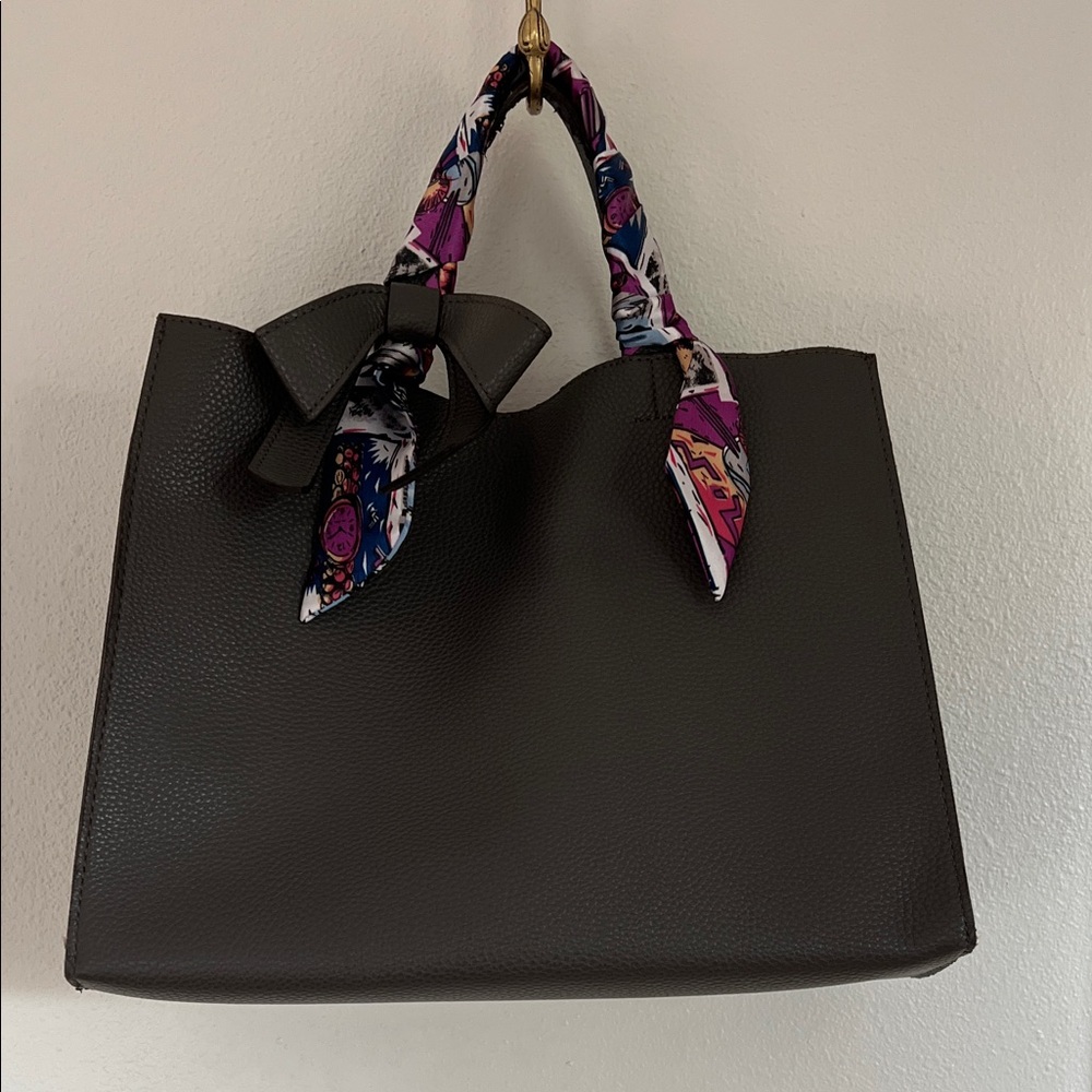 Chic Gray Tote with Patterned Scarf Twilly Handle